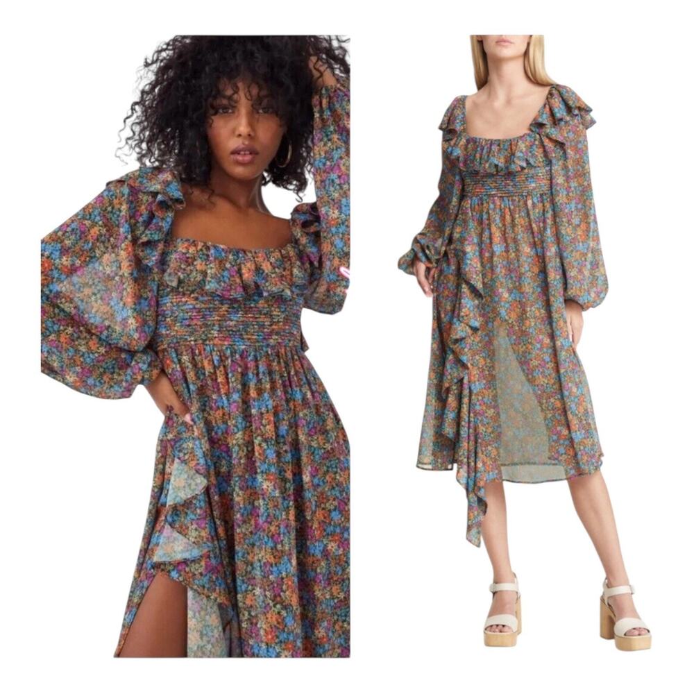 For Love & Lemons Brittany Floral Midi Dress Long Sleeve Women's Size Medium NWT